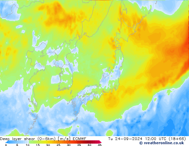 Deep layer shear (0-6km) ECMWF di 24.09.2024 12 UTC