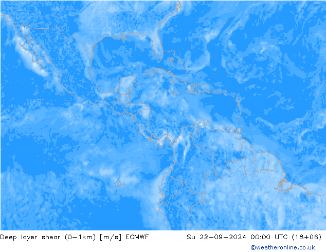 Deep layer shear (0-1km) ECMWF Paz 22.09.2024 00 UTC