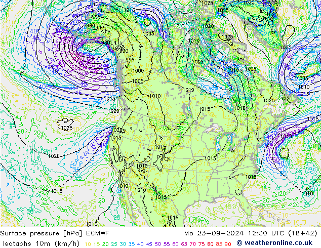 Isotachs (kph) ECMWF пн 23.09.2024 12 UTC