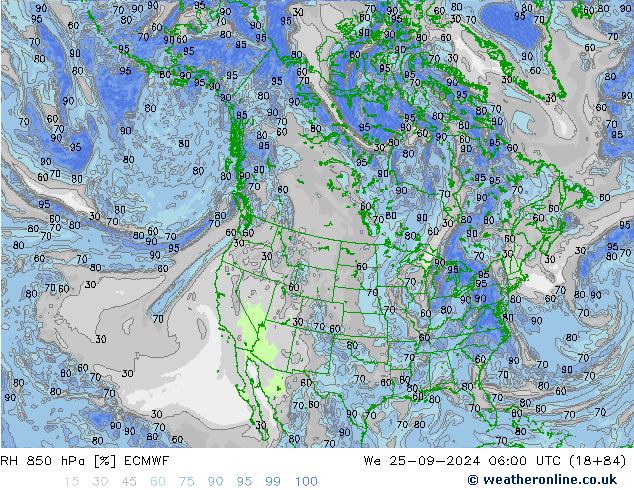 850 hPa Nispi Nem ECMWF Çar 25.09.2024 06 UTC