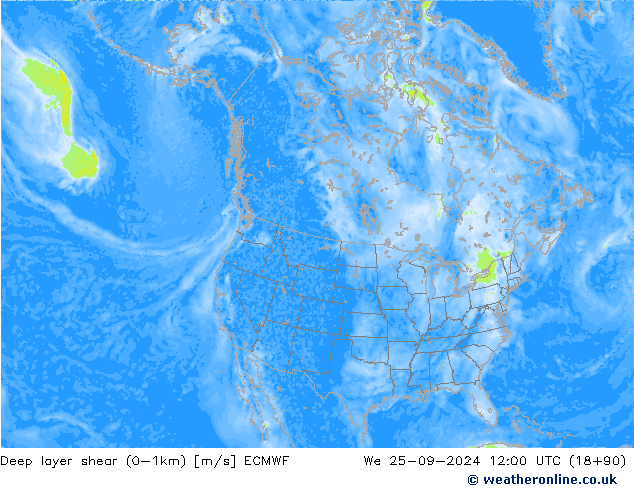 Deep layer shear (0-1km) ECMWF wo 25.09.2024 12 UTC