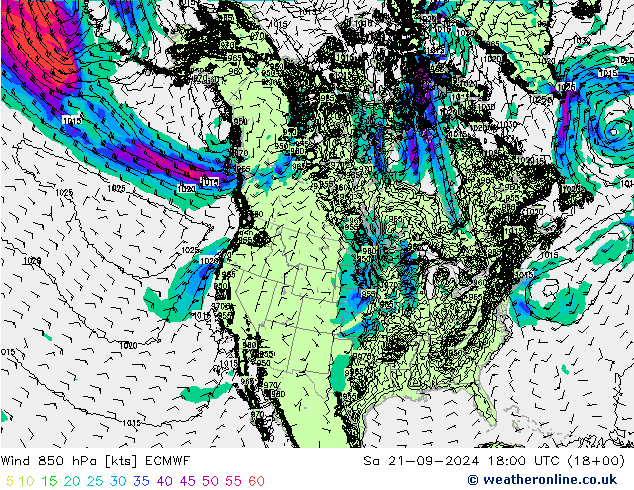 风 850 hPa ECMWF 星期六 21.09.2024 18 UTC