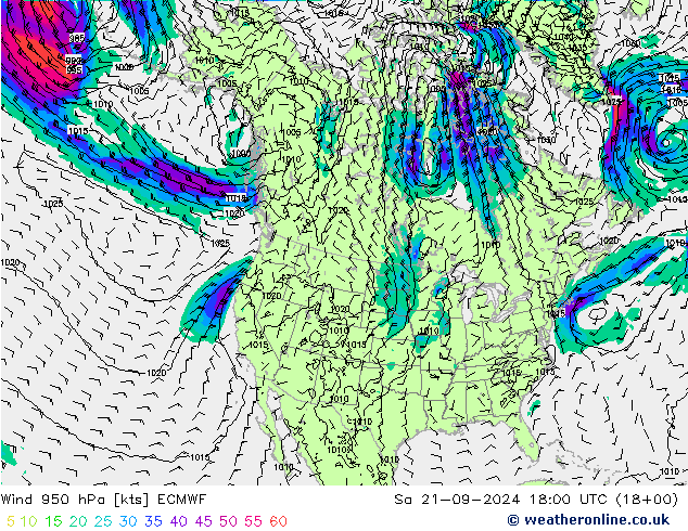 风 950 hPa ECMWF 星期六 21.09.2024 18 UTC