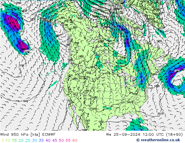 Wind 950 hPa ECMWF We 25.09.2024 12 UTC