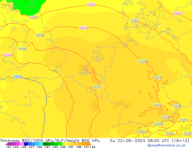 Dikte 850-1000 hPa ECMWF zo 22.09.2024 06 UTC