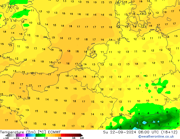 Temperatuurkaart (2m) ECMWF zo 22.09.2024 06 UTC