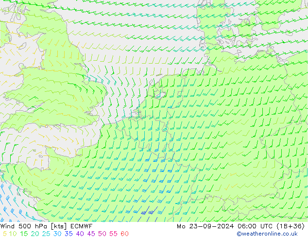 Vento 500 hPa ECMWF lun 23.09.2024 06 UTC