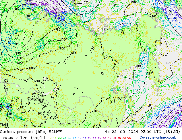 Isotachs (kph) ECMWF Mo 23.09.2024 03 UTC