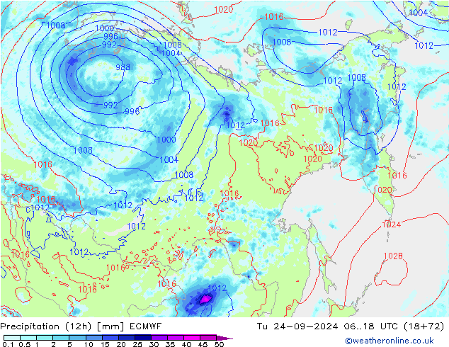 Totale neerslag (12h) ECMWF di 24.09.2024 18 UTC