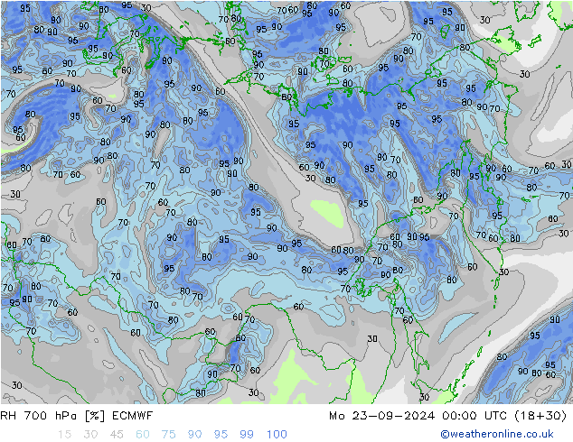 RH 700 hPa ECMWF Seg 23.09.2024 00 UTC