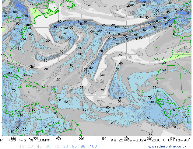 RH 700 hPa ECMWF mer 25.09.2024 12 UTC