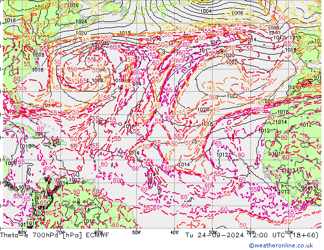 Theta-e 700hPa ECMWF Di 24.09.2024 12 UTC