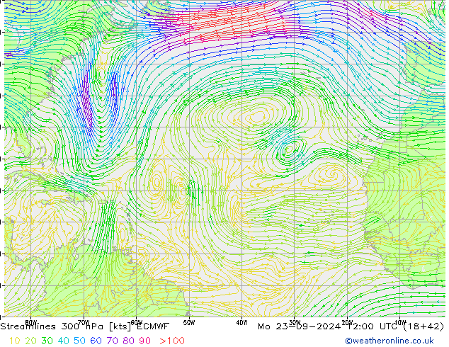 Linea di flusso 300 hPa ECMWF lun 23.09.2024 12 UTC