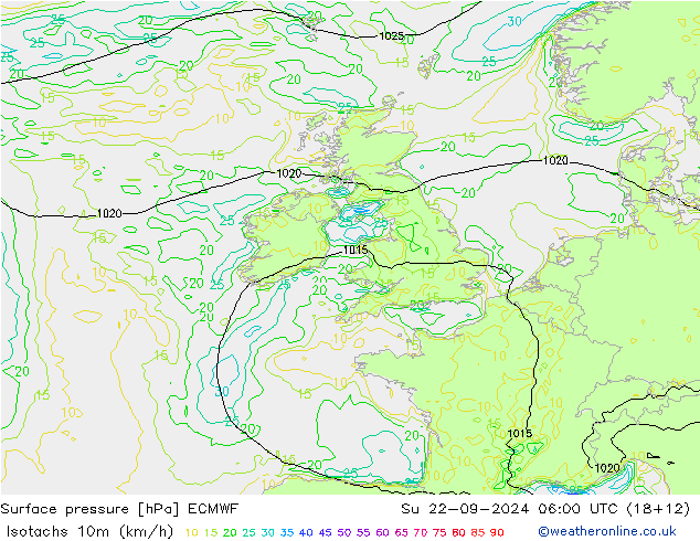 Isotachs (kph) ECMWF Dom 22.09.2024 06 UTC