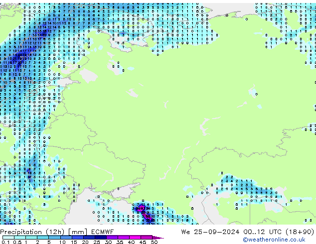 Totale neerslag (12h) ECMWF wo 25.09.2024 12 UTC