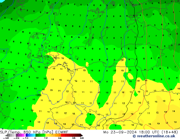 SLP/Temp. 850 hPa ECMWF Mo 23.09.2024 18 UTC