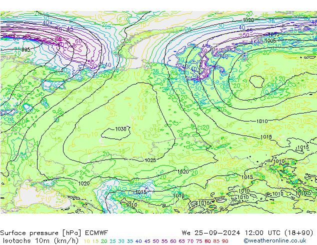 Isotachs (kph) ECMWF St 25.09.2024 12 UTC