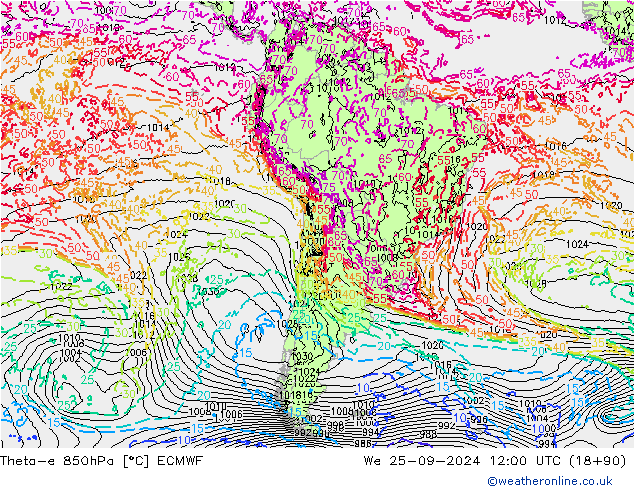 Theta-e 850hPa ECMWF Qua 25.09.2024 12 UTC