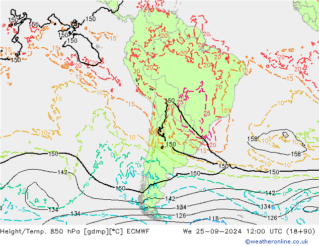 Height/Temp. 850 hPa ECMWF St 25.09.2024 12 UTC