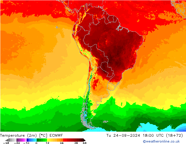 Temperatuurkaart (2m) ECMWF di 24.09.2024 18 UTC