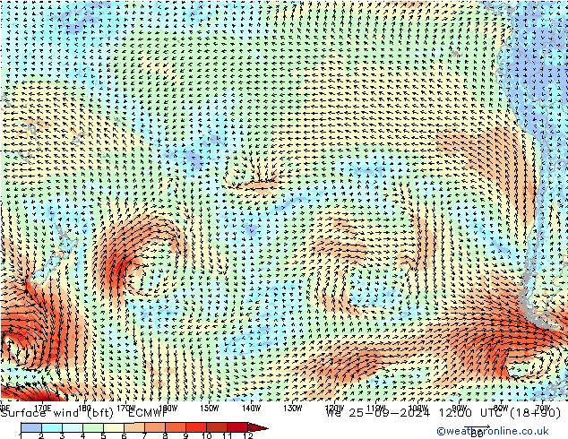 Surface wind (bft) ECMWF We 25.09.2024 12 UTC