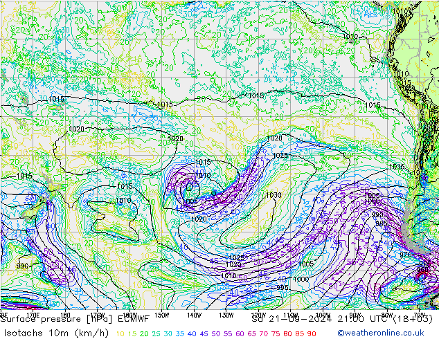 Isotachs (kph) ECMWF сб 21.09.2024 21 UTC