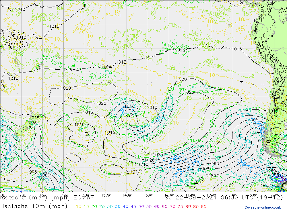 Isotachen (mph) ECMWF zo 22.09.2024 06 UTC