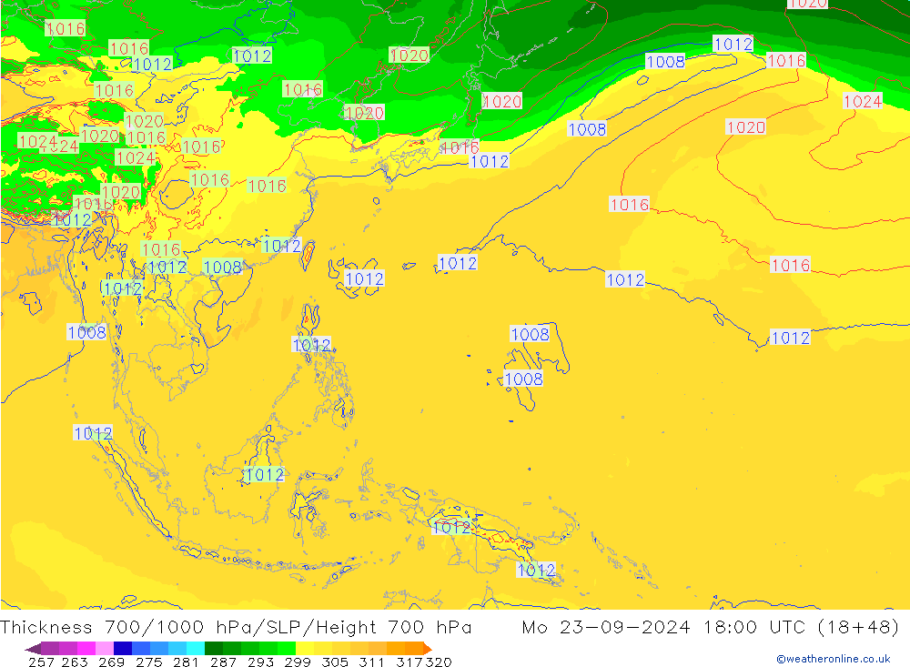 Thck 700-1000 гПа ECMWF пн 23.09.2024 18 UTC