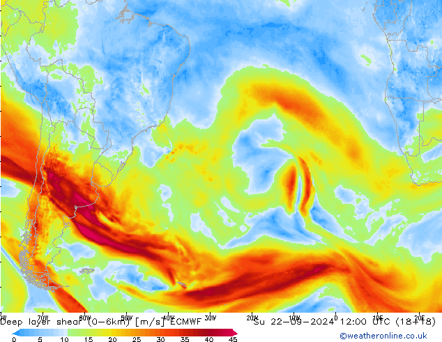 Deep layer shear (0-6km) ECMWF zo 22.09.2024 12 UTC