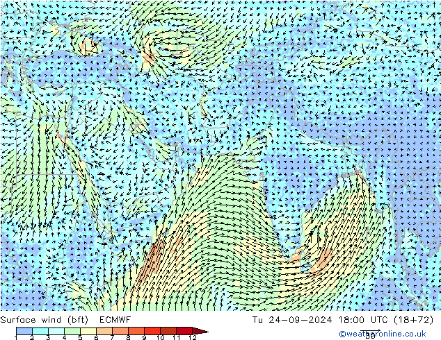 �N 10 米 (bft) ECMWF 星期二 24.09.2024 18 UTC