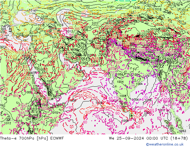 Theta-e 700hPa ECMWF We 25.09.2024 00 UTC