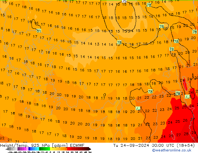 Height/Temp. 925 hPa ECMWF mar 24.09.2024 00 UTC