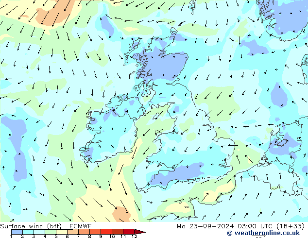 Bodenwind (bft) ECMWF Mo 23.09.2024 03 UTC