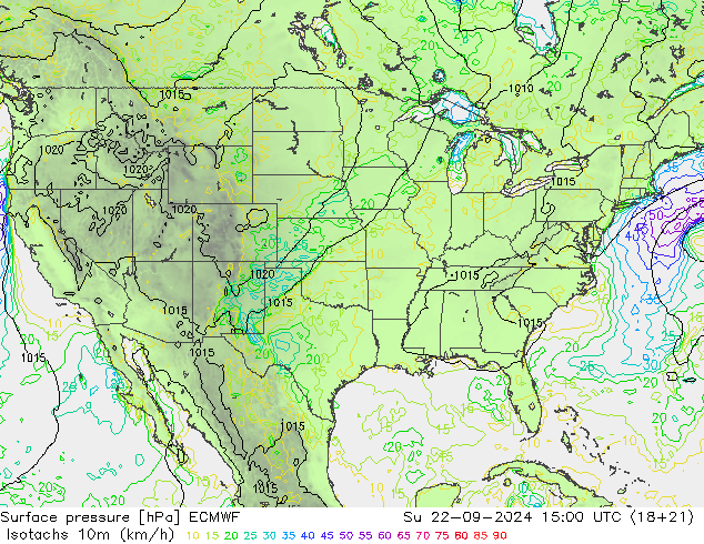 Isotachen (km/h) ECMWF So 22.09.2024 15 UTC