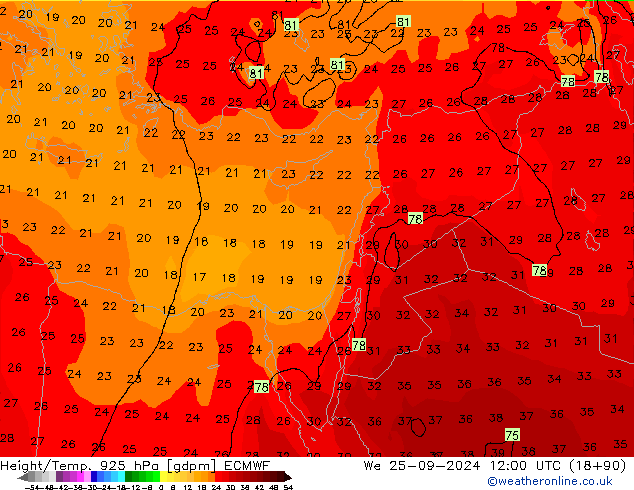 Height/Temp. 925 hPa ECMWF We 25.09.2024 12 UTC