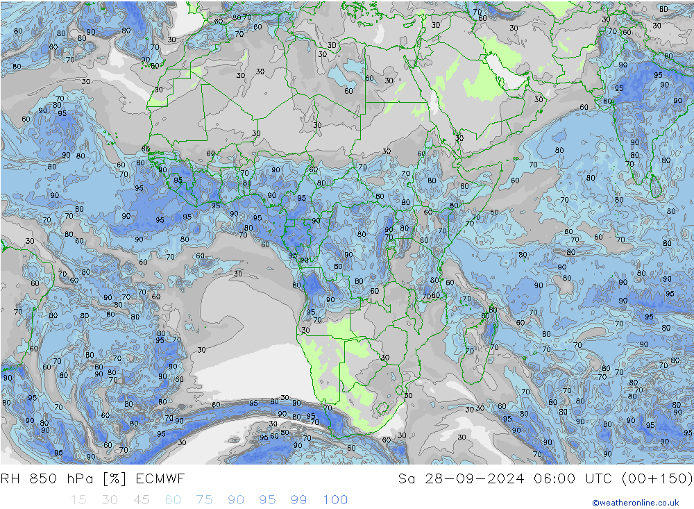 RH 850 гПа ECMWF сб 28.09.2024 06 UTC