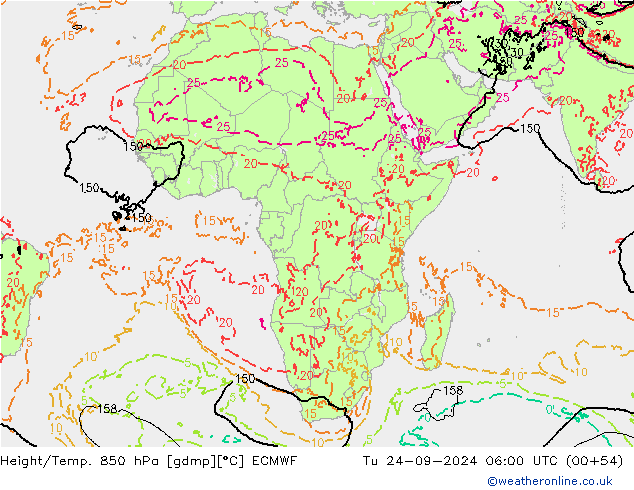 Height/Temp. 850 hPa ECMWF Út 24.09.2024 06 UTC