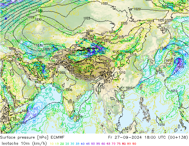 Isotachs (kph) ECMWF ven 27.09.2024 18 UTC