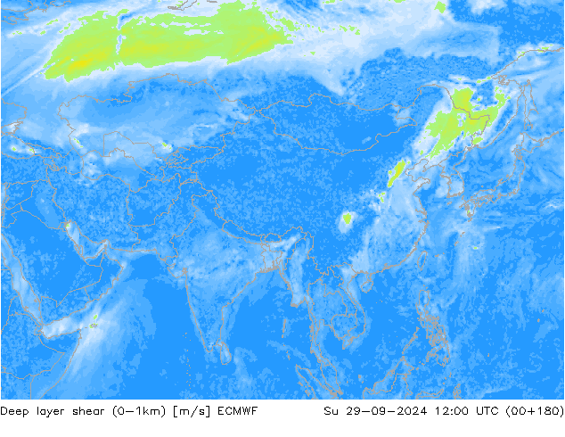 Deep layer shear (0-1km) ECMWF dim 29.09.2024 12 UTC