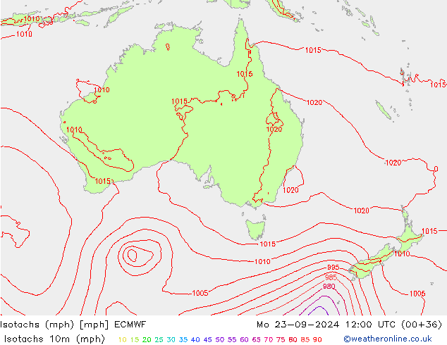 Isotachs (mph) ECMWF lun 23.09.2024 12 UTC