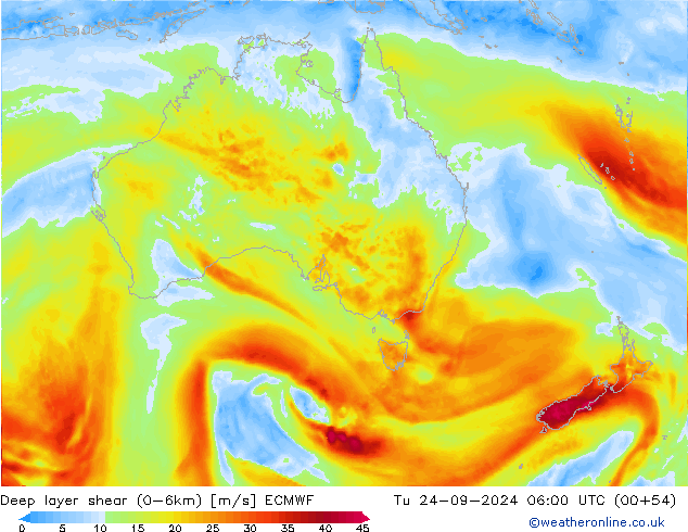 Deep layer shear (0-6km) ECMWF Tu 24.09.2024 06 UTC