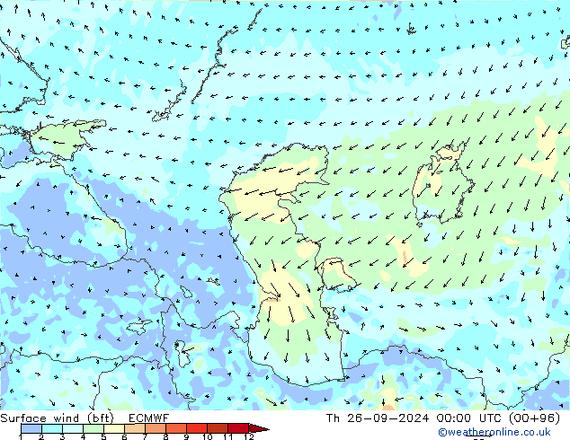 Vento 10 m (bft) ECMWF Qui 26.09.2024 00 UTC