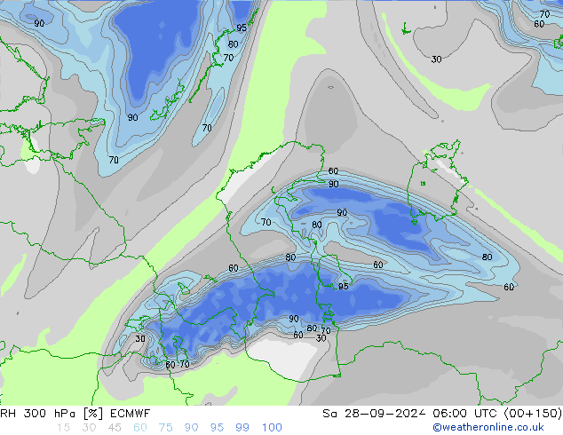 RH 300 hPa ECMWF Sa 28.09.2024 06 UTC