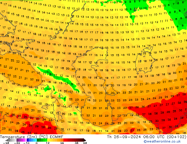 Temperatura (2m) ECMWF gio 26.09.2024 06 UTC