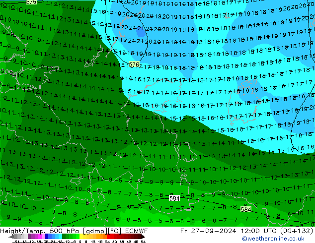 Hoogte/Temp. 500 hPa ECMWF vr 27.09.2024 12 UTC