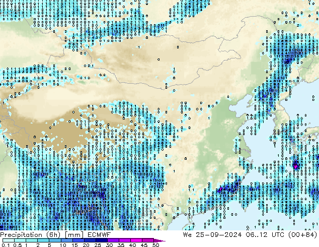 Precipitation (6h) ECMWF We 25.09.2024 12 UTC