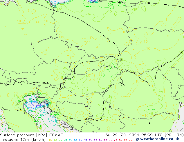 Isotachs (kph) ECMWF dim 29.09.2024 06 UTC