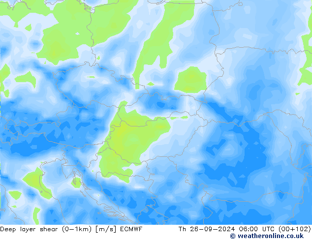 Deep layer shear (0-1km) ECMWF Per 26.09.2024 06 UTC