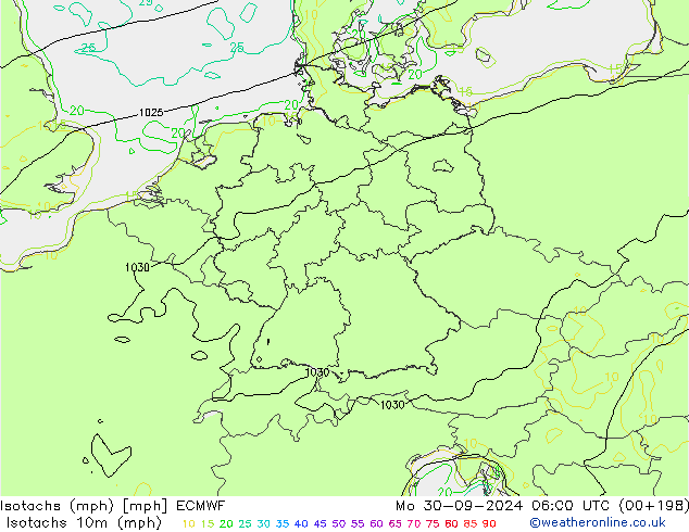 Isotachs (mph) ECMWF пн 30.09.2024 06 UTC