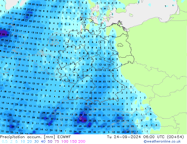 Precipitation accum. ECMWF 星期二 24.09.2024 06 UTC